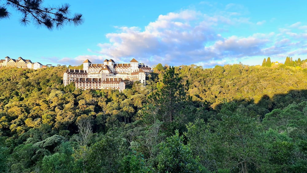 Un grande edificio seduto sulla cima di una collina verde lussureggiante