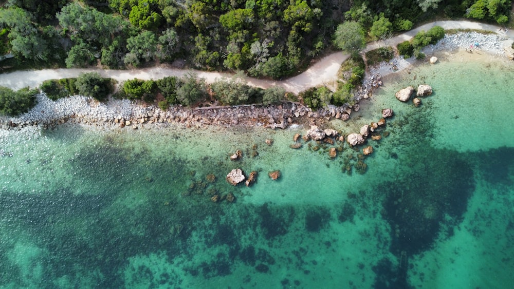 an aerial view of a body of water surrounded by trees