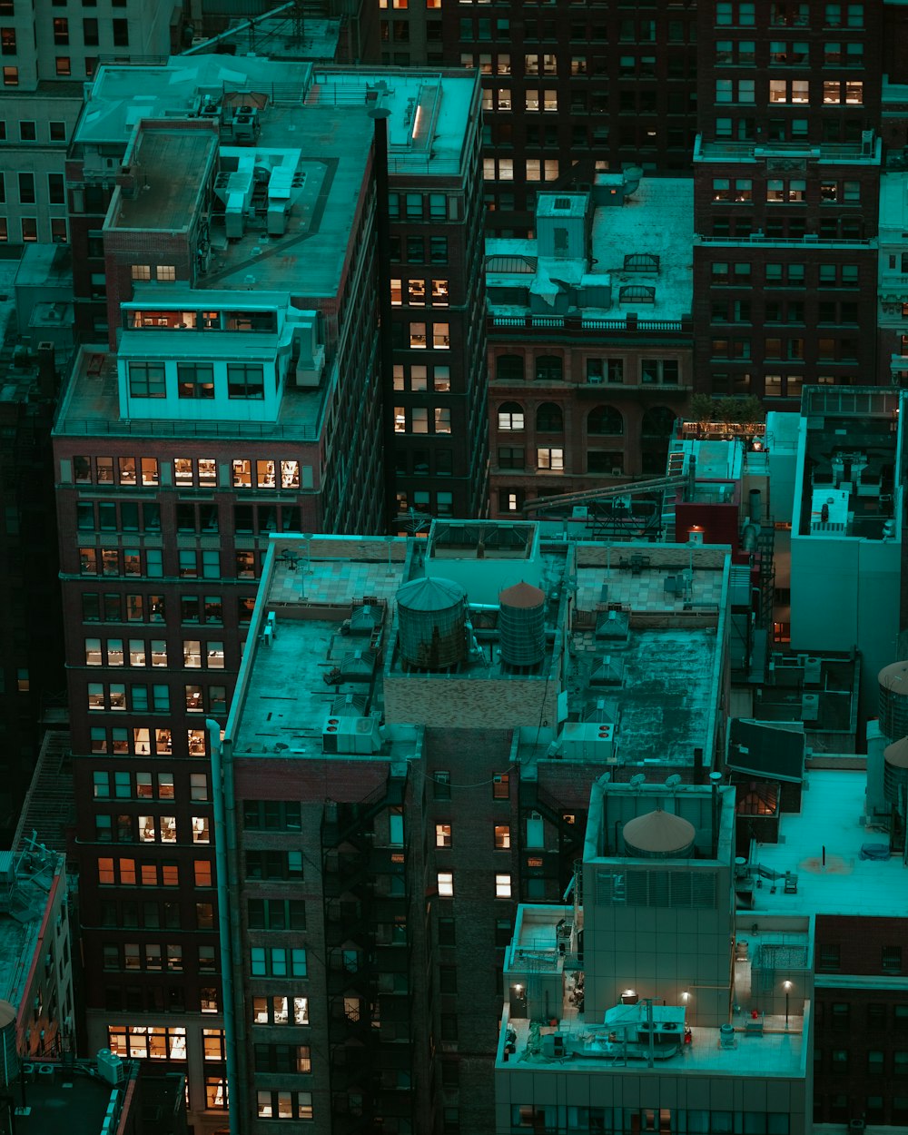 an aerial view of a city at night