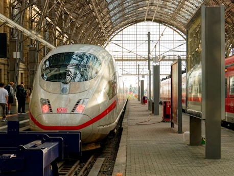 A silver high-speed train is parked on a train track inside a large, arched, and glass-covered station. The train has a red stripe across its body and a logo with the letters 'DB'. Several people are standing on the platform to the left side of the train. Another train is visible parallel to the high-speed train on the right. The station's architecture includes metallic beams and large glass windows, allowing natural light to filter in.