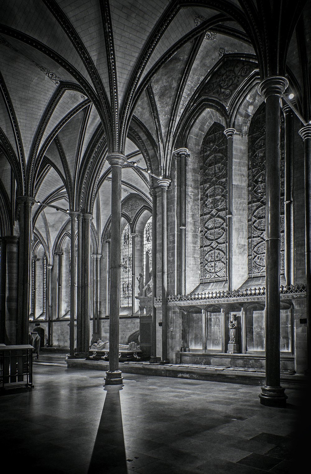 a black and white photo of a cathedral