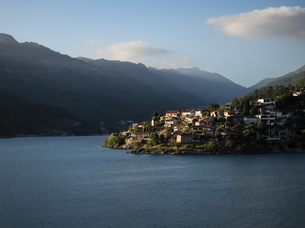 a small village on a small island in the middle of a lake