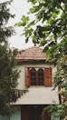 A rustic house with a tiled roof, wooden shutters on the windows, and surrounded by dense greenery. Tall trees and lush leaves partially obscure the view of the building, adding to a secluded and peaceful atmosphere.