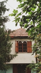 A rustic house with a tiled roof, wooden shutters on the windows, and surrounded by dense greenery. Tall trees and lush leaves partially obscure the view of the building, adding to a secluded and peaceful atmosphere.