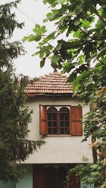 A rustic house with a tiled roof, wooden shutters on the windows, and surrounded by dense greenery. Tall trees and lush leaves partially obscure the view of the building, adding to a secluded and peaceful atmosphere.