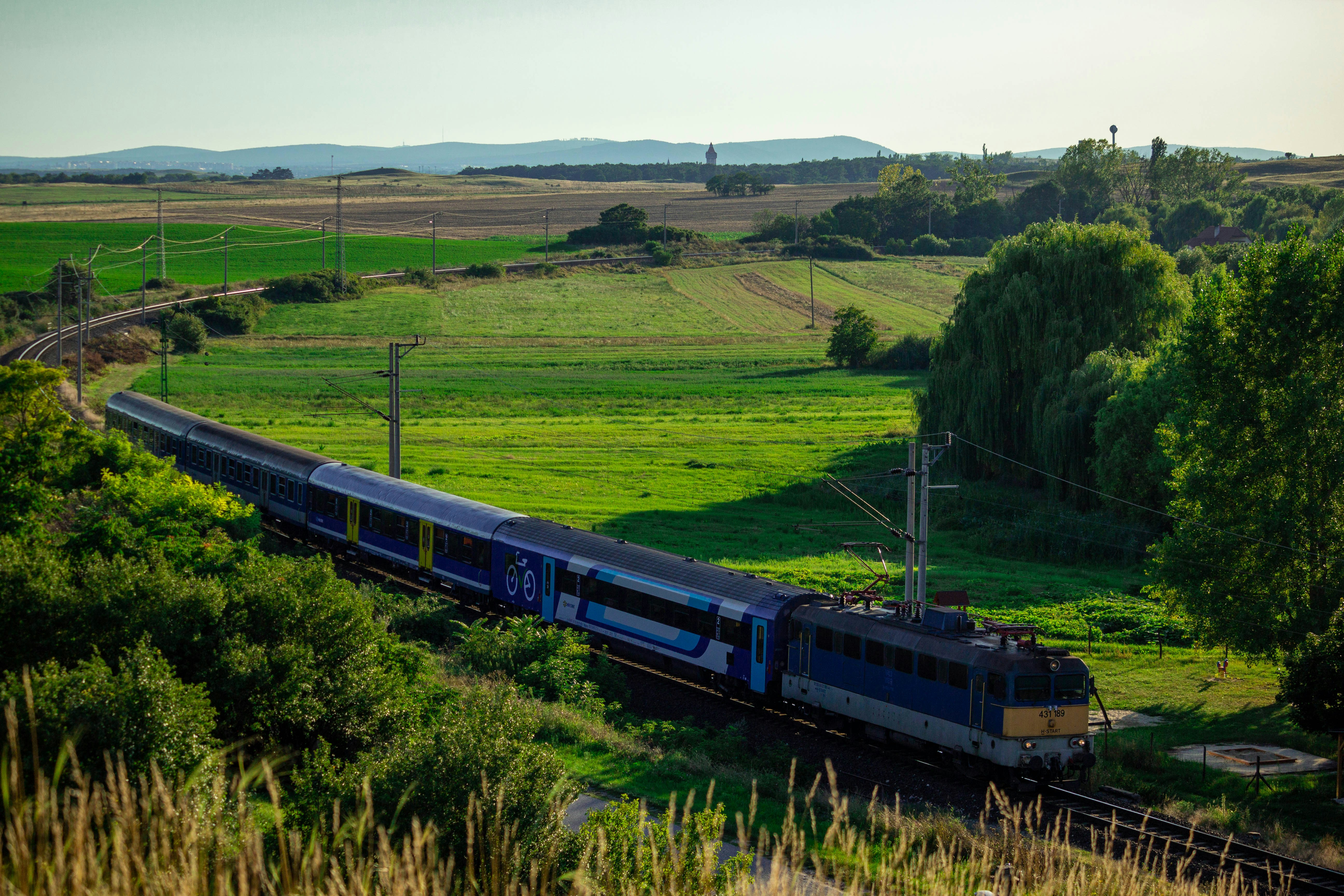 a train traveling through a lush green countryside, 