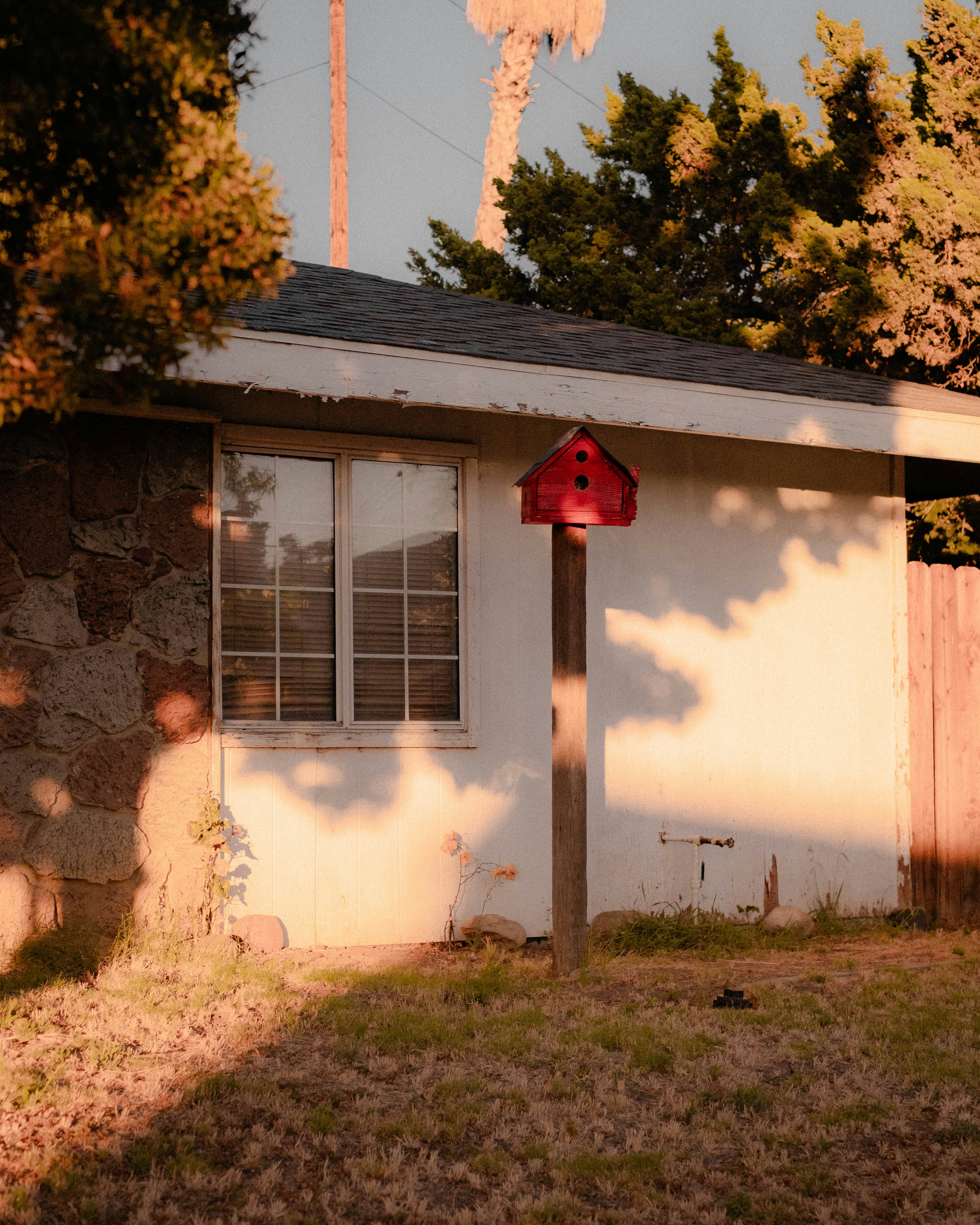 a red birdhouse sits in front of a white house