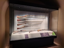 A museum display case containing five antique rifles, each aligned horizontally on a white background. The rifles vary in size and design, with intricate details visible on their wooden and metal parts. Plaques with descriptions are positioned below the rifles.
