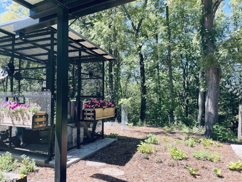 A garden setting featuring a structure with a metal frame and mesh walls, adorned with flower boxes filled with colorful pink and purple blooms. Surrounding the structure is a lush forest with tall trees and ample greenery. The ground near the structure is covered with mulch, featuring a few small plants.