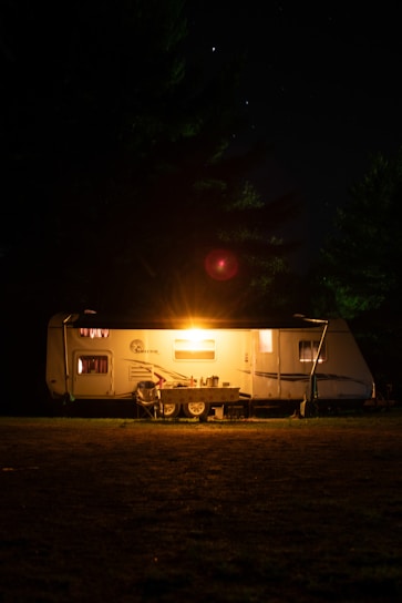 A cozy RV parked by a serene lake at sunset, with warm lights glowing inside.
