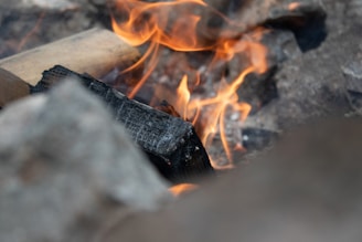 A close-up view of burning wood with flames rising from it. The firewood appears charred and surrounded by rocks, suggesting an outdoor setting.