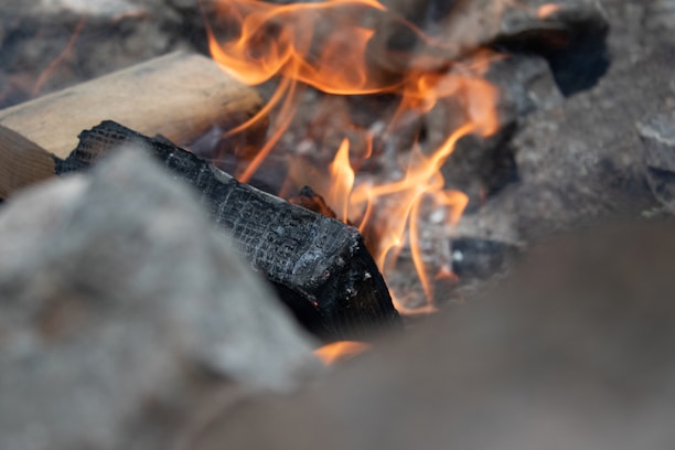 A close-up view of burning wood with flames rising from it. The firewood appears charred and surrounded by rocks, suggesting an outdoor setting.