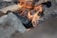 A close-up view of burning wood with flames rising from it. The firewood appears charred and surrounded by rocks, suggesting an outdoor setting.