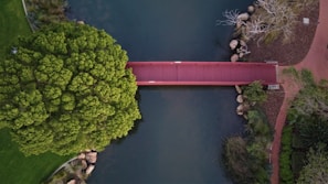 Aerial view of a completed bridge project spanning a river in a lush green landscape