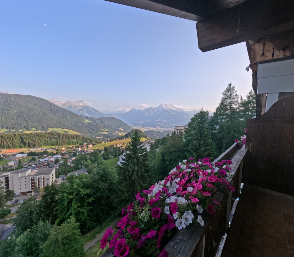 a balcony with flowers and mountains in the background