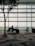 A person sits in an airport terminal next to a large travel bag, with a modern patterned carpet and a silhouetted tree nearby. The seating area is well-lit by natural light through large glass windows, offering a view of an airfield in the distance.