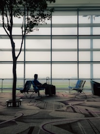 A person sits in an airport terminal next to a large travel bag, with a modern patterned carpet and a silhouetted tree nearby. The seating area is well-lit by natural light through large glass windows, offering a view of an airfield in the distance.
