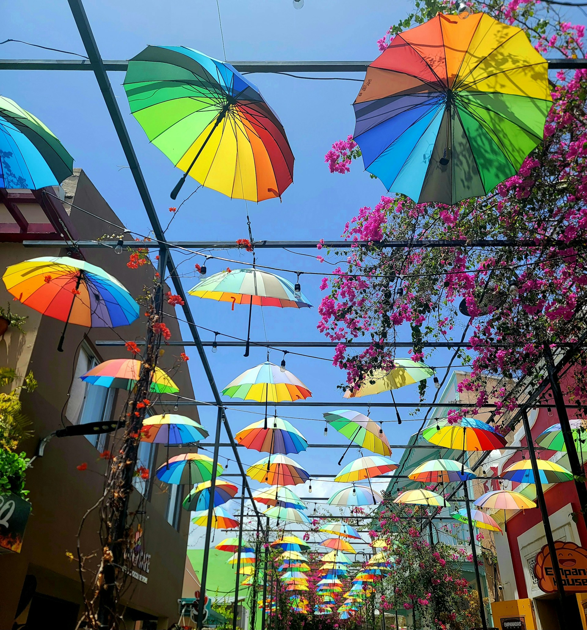 a bunch of umbrellas that are in the air