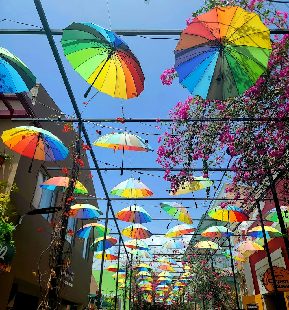 a bunch of umbrellas that are in the air