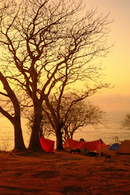 A cozy seaside camping spot with tents pitched near the shore at sunset.