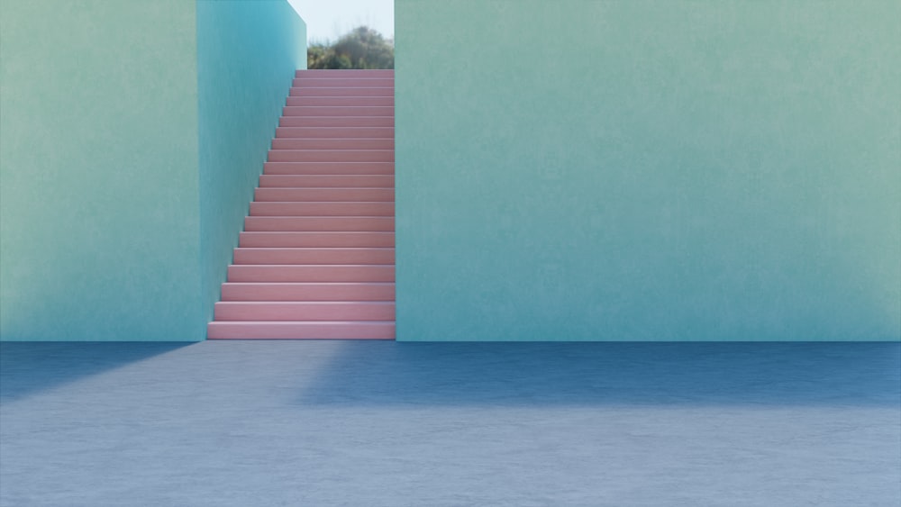 a set of pink steps leading to a blue wall