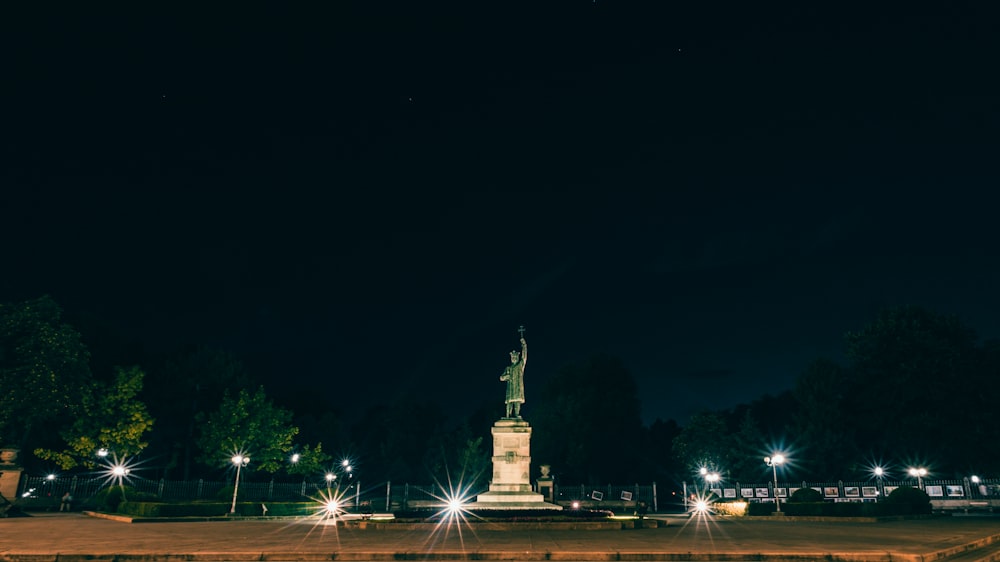 a night view of a statue in the middle of a park