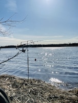 A serene lake at dawn with a fishing rod set up on the shore.