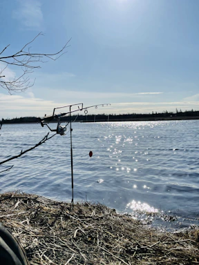 A calm lakeside scene at sunrise with a fishing rod resting beside a wooden dock.