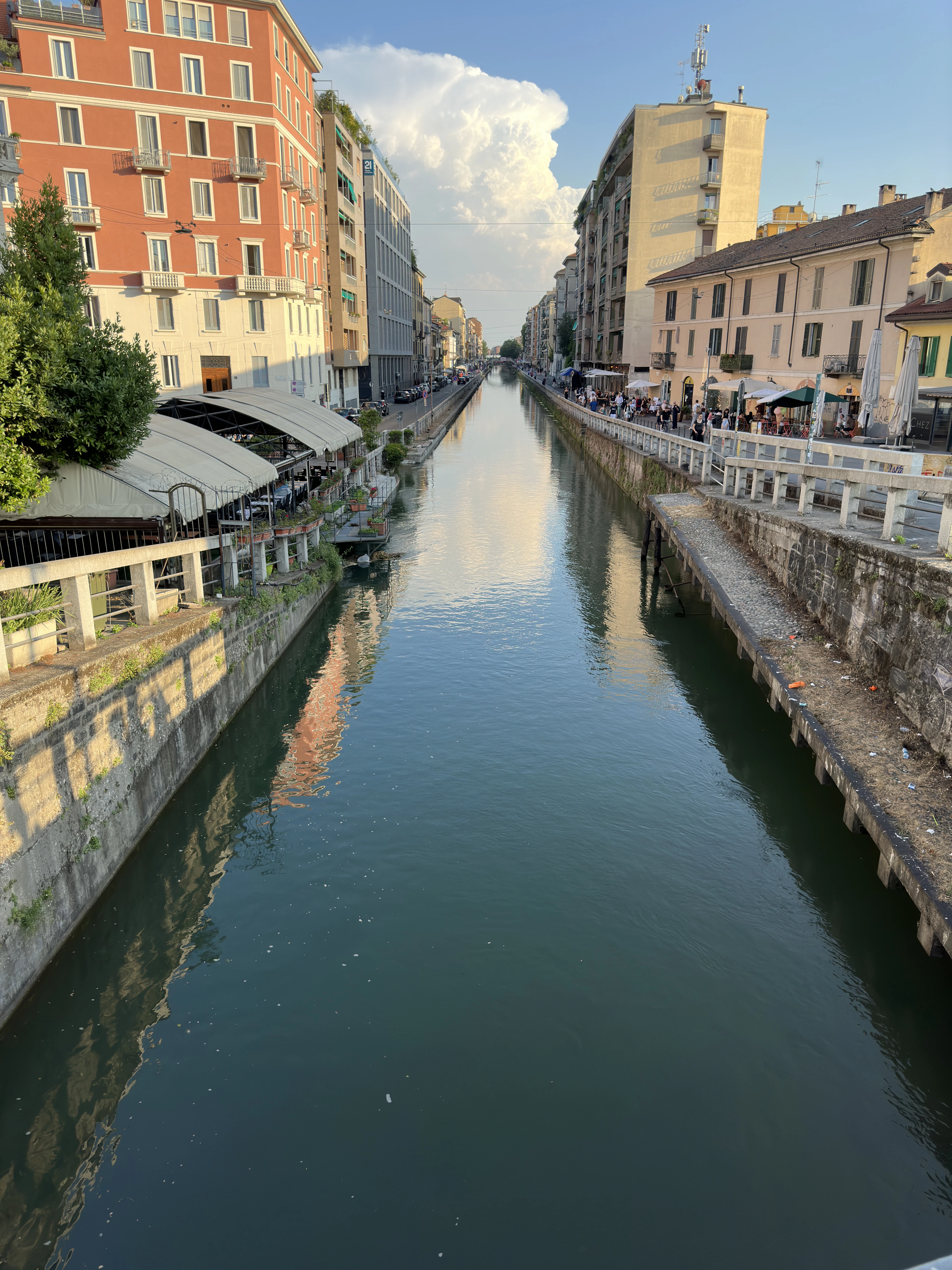 The Navigli canal in Milan, bars and old houses along the water