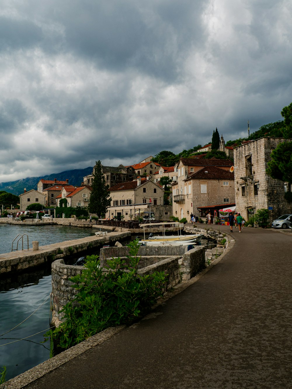 a view of a river and a town with a cloudy sky