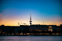 A city skyline at dusk symbolizing connectivity and digital progress.