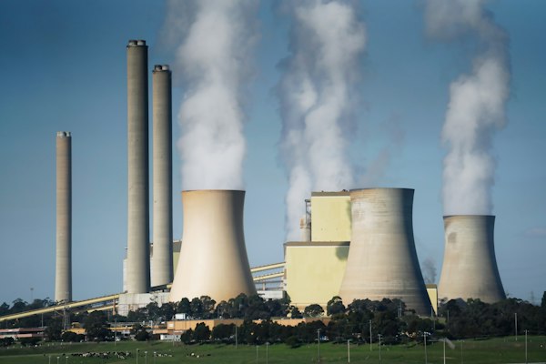 Smoke billowing from power plant cooling towers