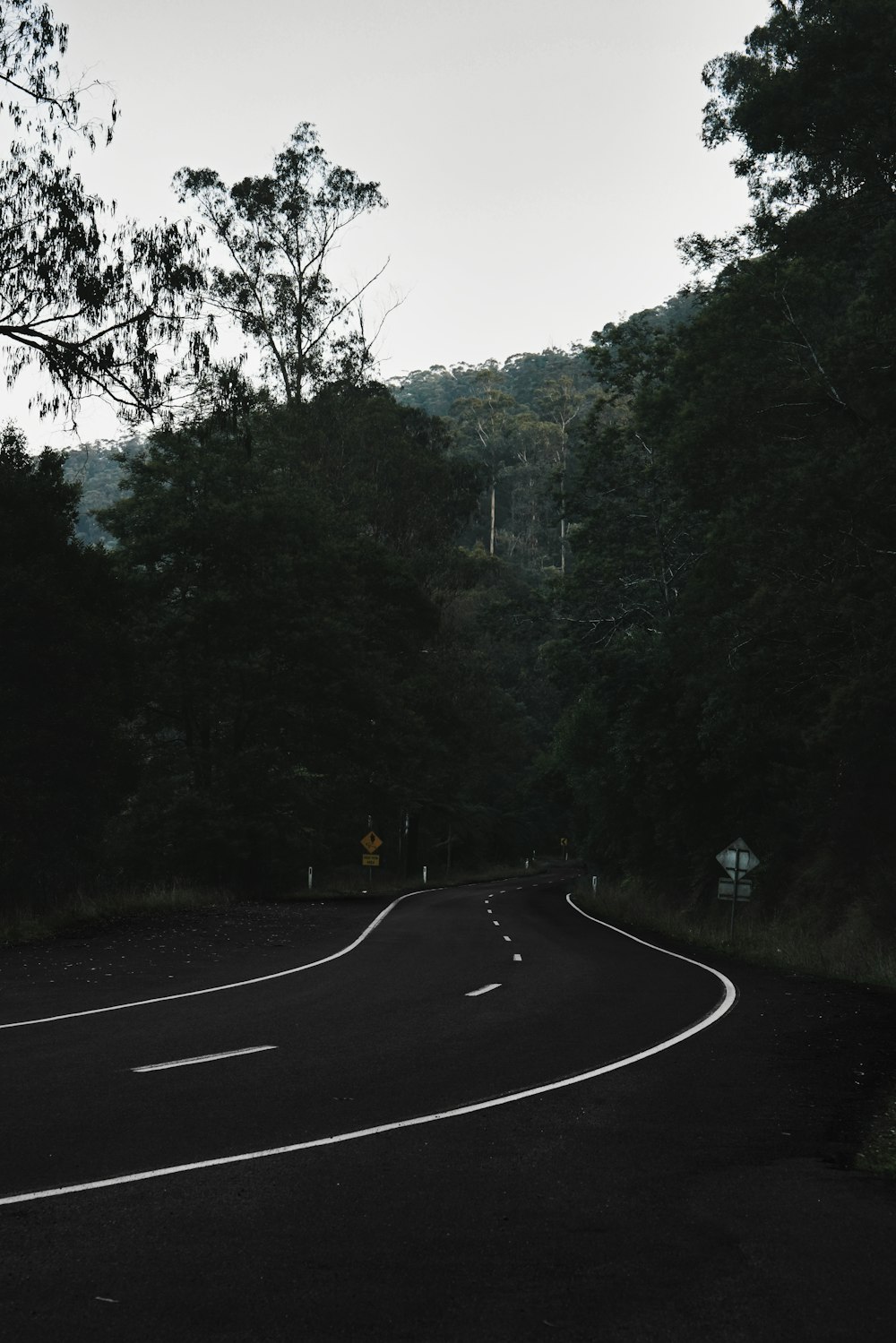 a curve in the road with trees in the background