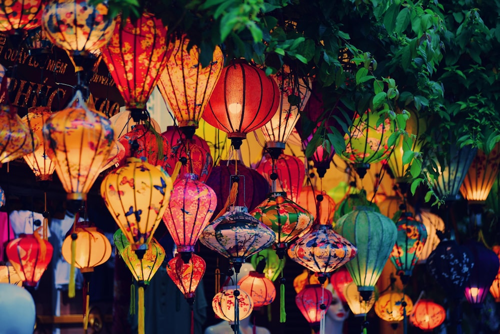 a bunch of lanterns that are hanging from a tree