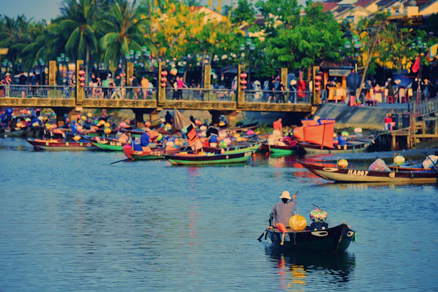 Small wooden boats on the river in Hoi An, Vietnam