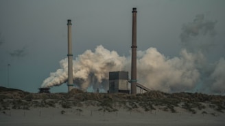 A large industrial facility with two tall smoke stacks releasing dense clouds of smoke into the overcast sky. The foreground includes grassy dunes that contrast with the industrial structures.