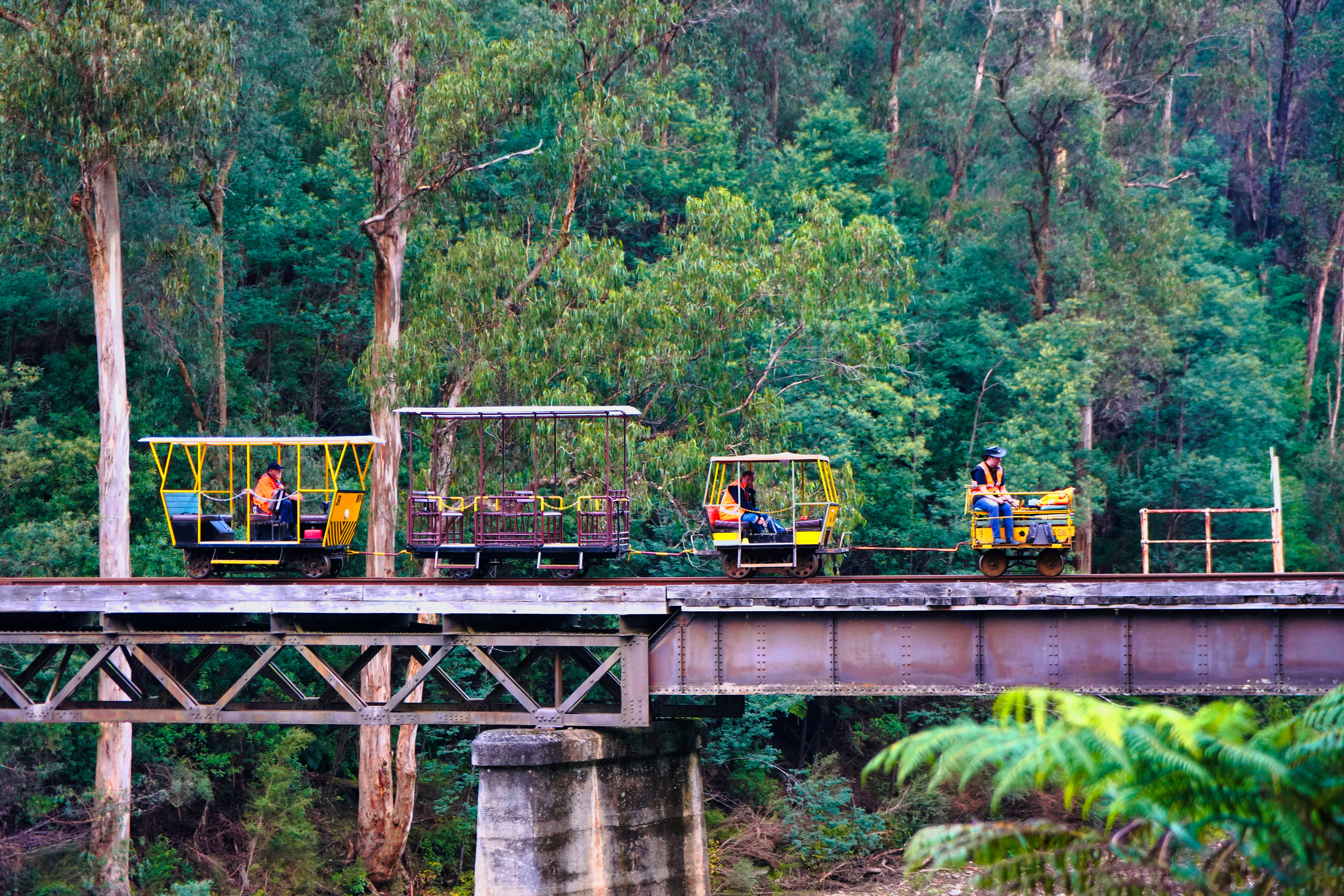 a group of people riding on top of a train on a bridge