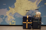 Two large suitcases with brightly colored straps are positioned in front of a detailed map on a wall. One suitcase has a yellow strap with polka dots, and the other has a strap with a cityscape design. A small beige backpack and a bottle of drink are placed on top of one of the suitcases. The map displays regions with cities and geographical details.