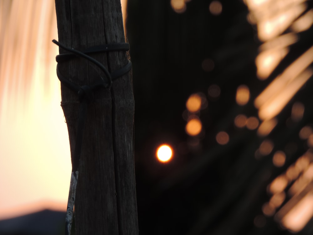 a close up of a wooden pole with a sunset in the background