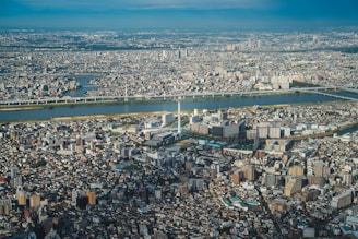 an aerial view of a city with a river running through it