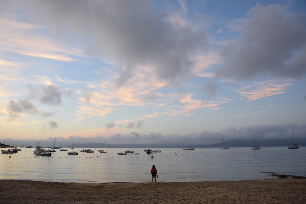 a person standing on a beach next to a body of water