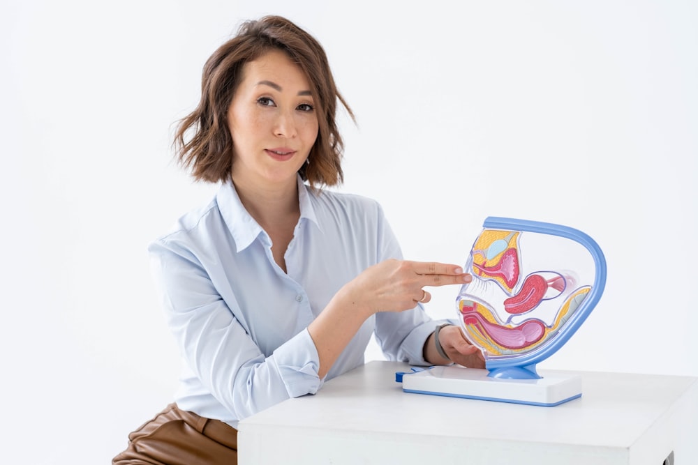 a woman sitting at a table holding a model of a stomach