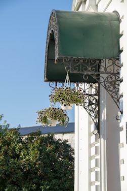 A green awning with ornate metalwork is attached to a building, beneath which two hanging baskets filled with small purple and white flowers are visible. Below, lush greenery and a partial view of another building can be seen against a clear blue sky.
