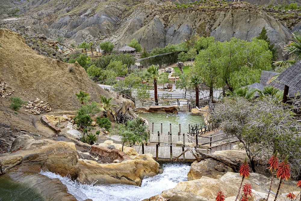 a small wooden bridge over a small river