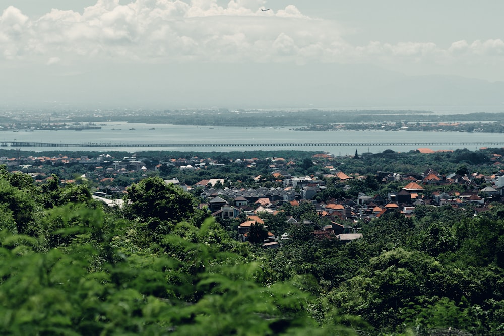 a view of a city with a lake in the background