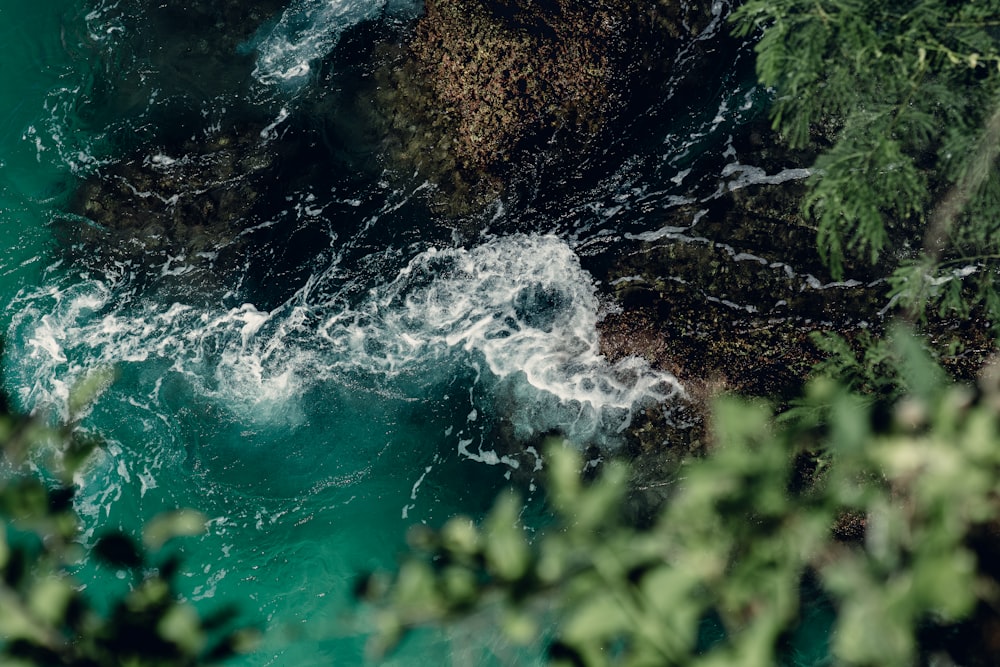 an aerial view of a body of water surrounded by trees