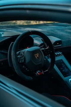 The image captures the interior of a luxury sports car, highlighting the sleek, modern design of the steering wheel with the car's logo prominently displayed. The dashboard features a high-tech touchscreen interface, and the upholstery is made of premium materials.