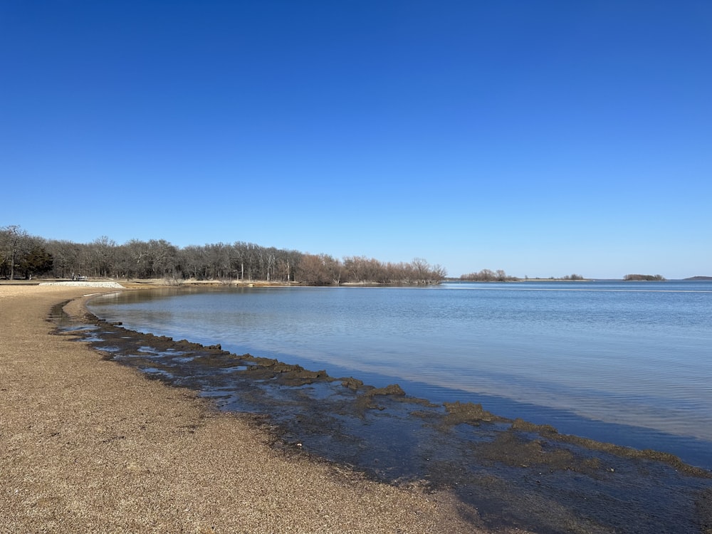 a body of water sitting next to a sandy beach