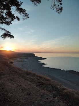 The image captures a serene coastal landscape during sunset. The sun is low on the horizon, casting warm tones across the sky. A tranquil body of water reflects the light, while a sandy beach extends along the shoreline. Pine tree branches frame the view from above, adding depth and contrast.