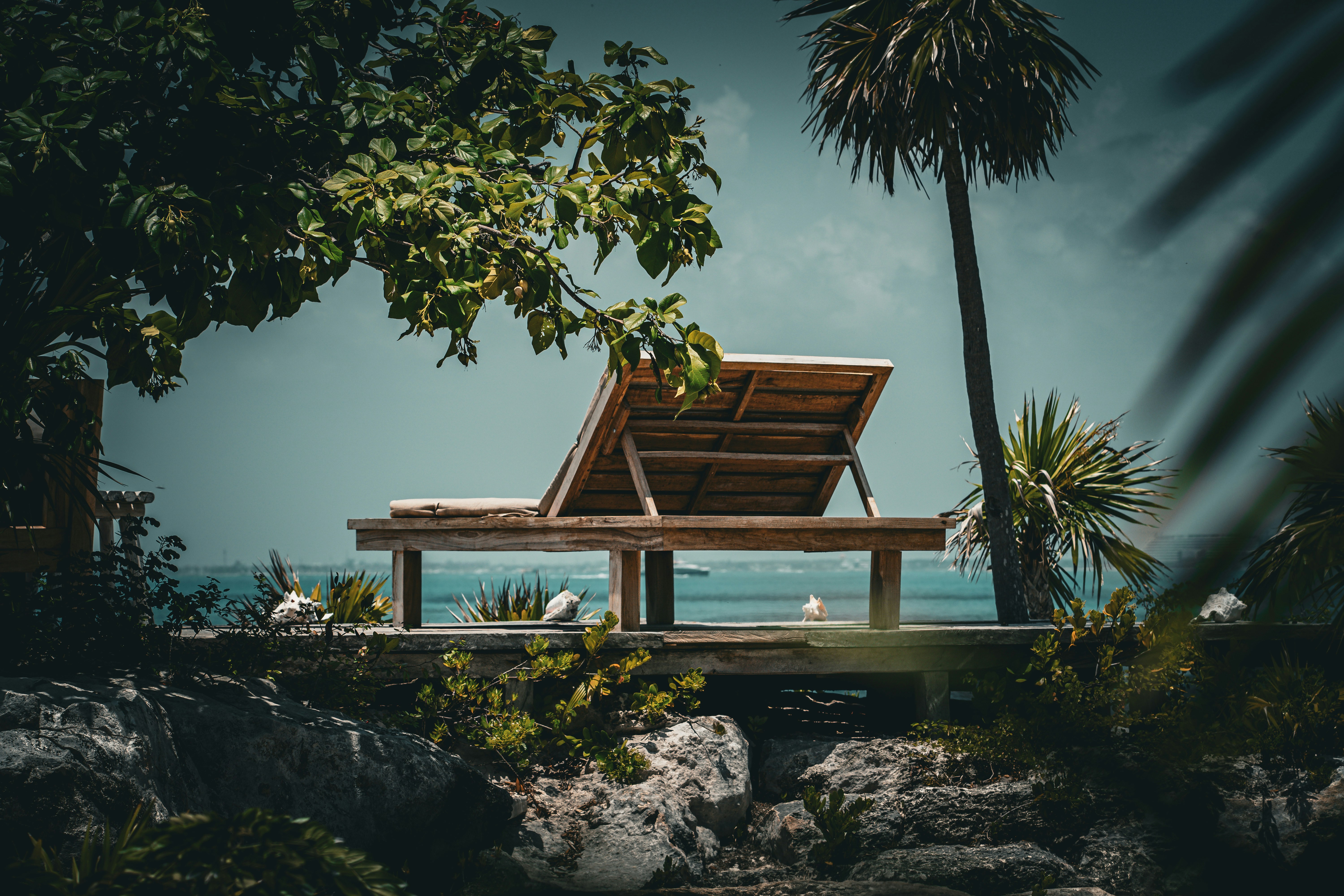 a wooden bench sitting on top of a lush green hillside
